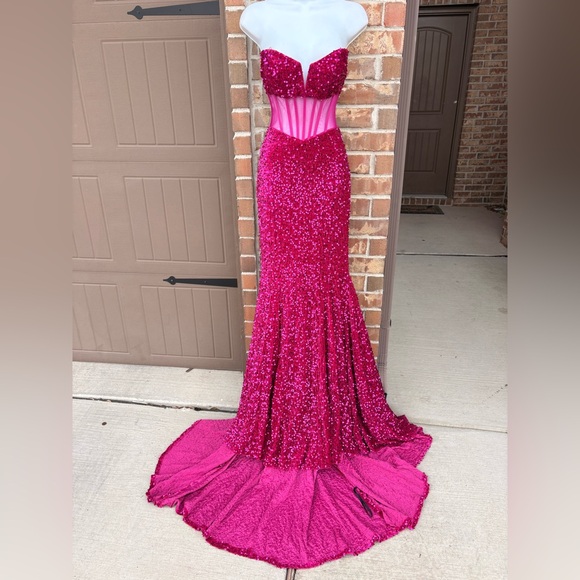 Alyce Paris Fuchsia Plush Sequins Strapless Sheer Top Dress size 00 - Picture 6 of 15